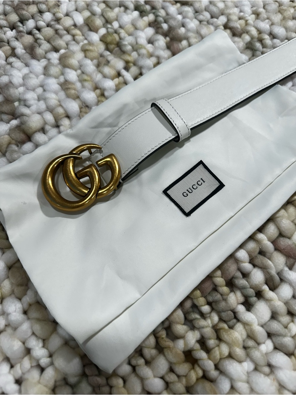 Gucci White Leather Interlocking GG Gold Belt 85/34 1.25” Brand New!